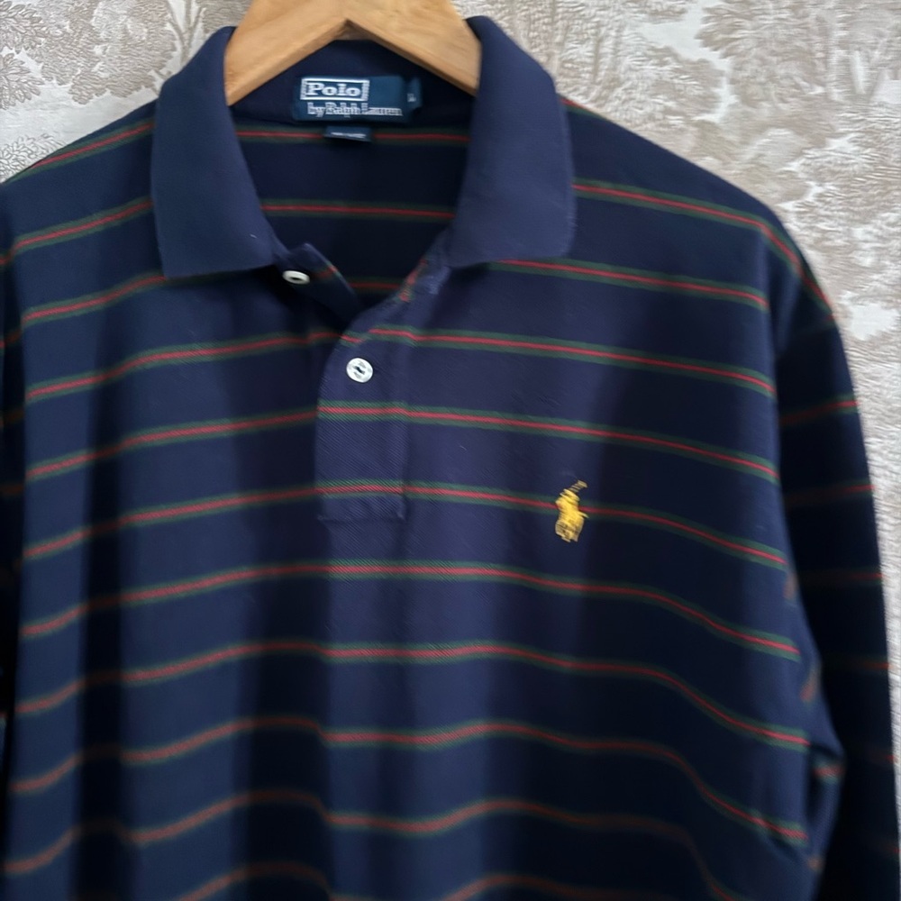 Vintage 90s Polo by Ralph Lauren Men's Long-Sleeve Navy Stripe Polo - Picture 2 of 8